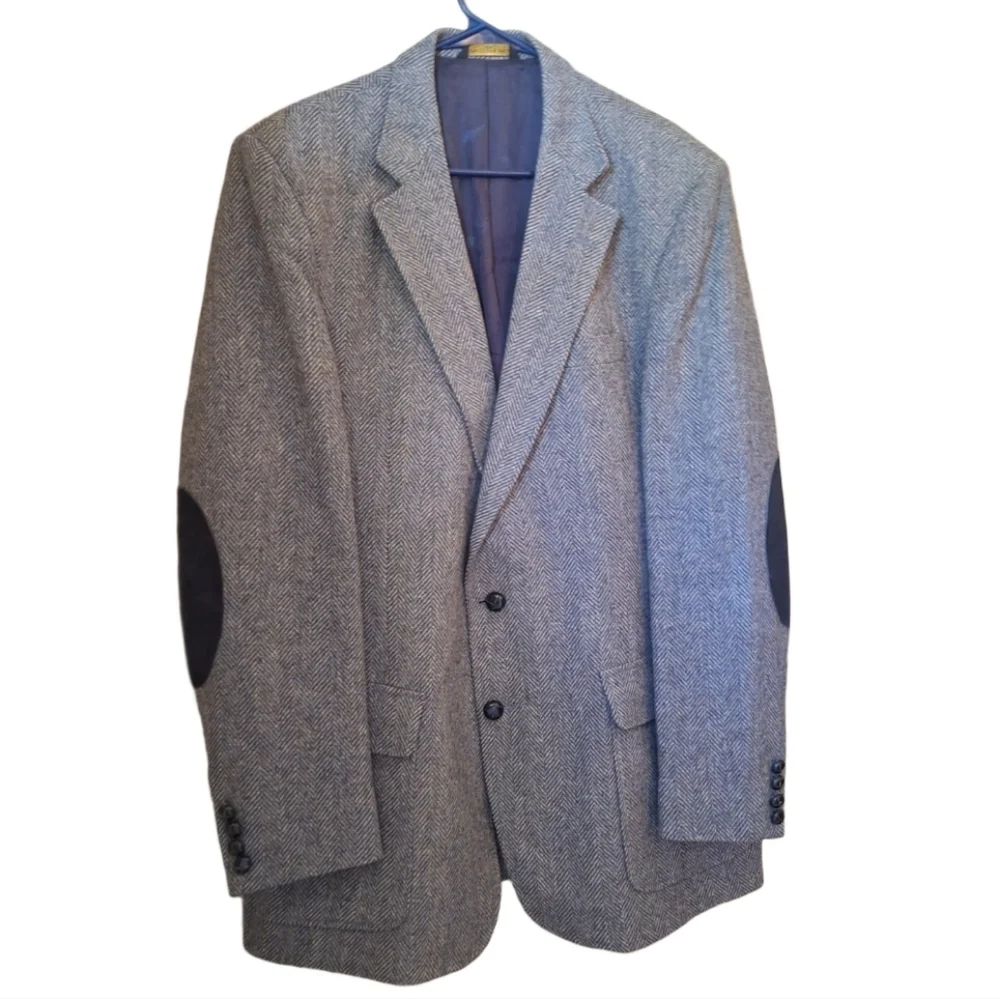 Vintage Gray Wool Herringbone Suit Coat Blazer with Elbow Patches 44 L
